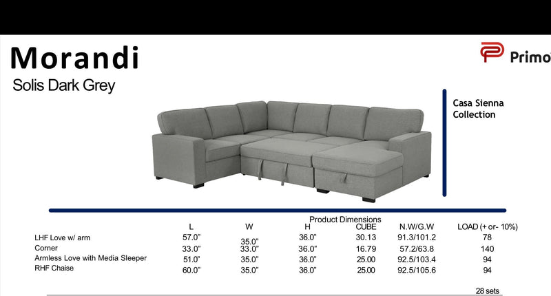 Morandi Fabric Sleeper Sectional  (RHF chaise*)